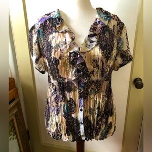 Women’s Ruffled Paisley Blouse - Cream with Browns Teal and Purple